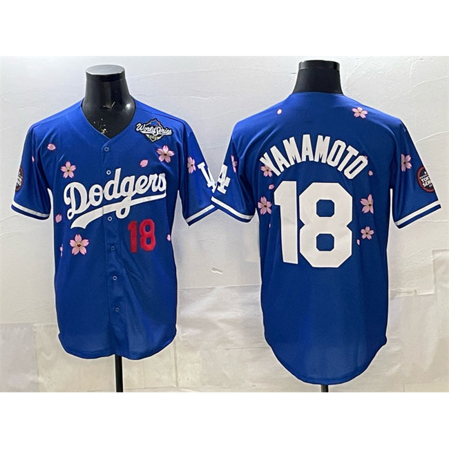 Johnsonshop Los Angeles Dodgers #18 Yoshinobu Yamamoto Royal  2025 World Series Patch Tokyo Series Limited Stitched Jersey