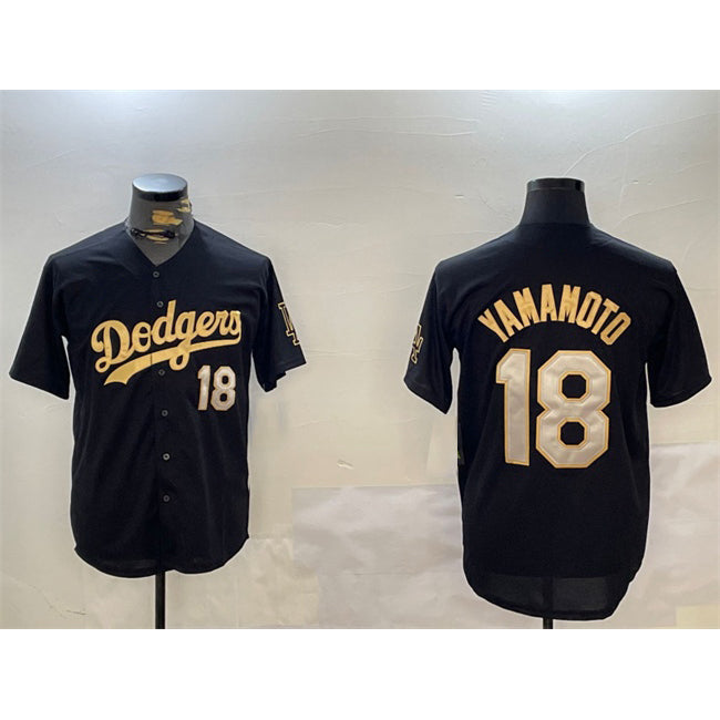 Johnsonshop Los Angeles Dodgers #18 Yoshinobu Yamamoto Black Gold  Limited Stitched Jersey