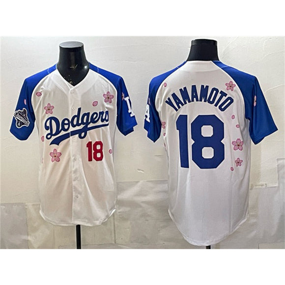 Johnsonshop Los Angeles Dodgers #18 Yoshinobu Yamamoto White Royal  2025 World Series Champions Patch Tokyo Series Limited Stitched Jersey