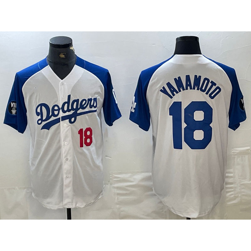 Johnsonshop Los Angeles Dodgers #18 Yoshinobu Yamamoto Number White Blue  Fashion Stitched Cool Base Limited Jersey
