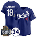 Johnsonshop Los Angeles Dodgers #18 Yoshinobu Yamamoto Royal  2024 World Series With No. 34 Patch Cool Base Stitched Jersey