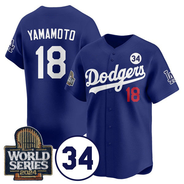 Johnsonshop Los Angeles Dodgers #18 Yoshinobu Yamamoto Royal  2024 World Series With No. 34 Patch Cool Base Stitched Jersey