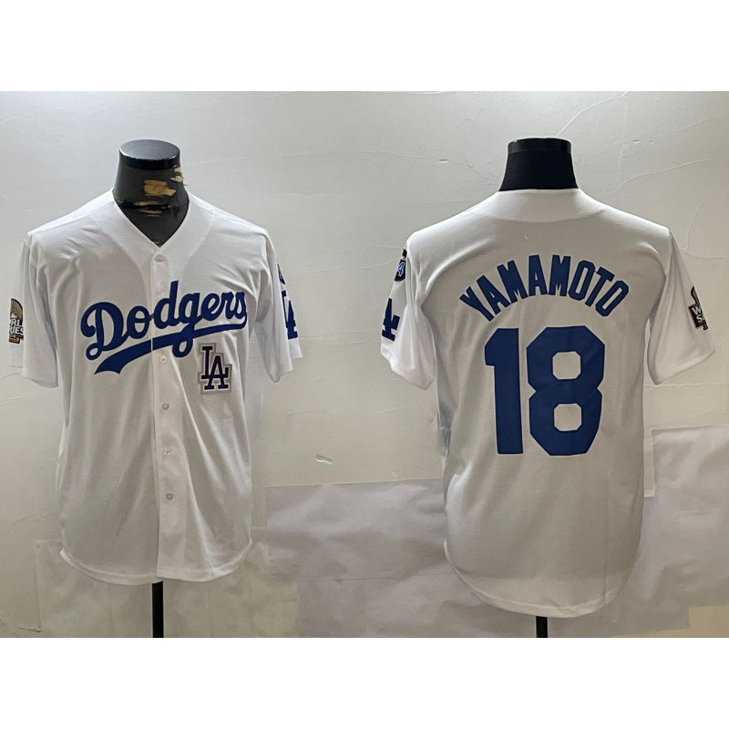 Johnsonshop Los Angeles Dodgers #18 Yoshinobu Yamamoto White  2024 World Series With Fernando Memorial Patch Home Limited Stitched Jersey