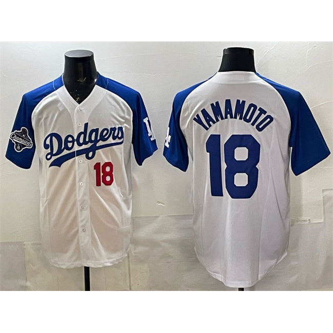 Johnsonshop Los Angeles Dodgers #18 Yoshinobu Yamamoto White Royal  2025 World Series Champions Patch Limited Stitched Jersey