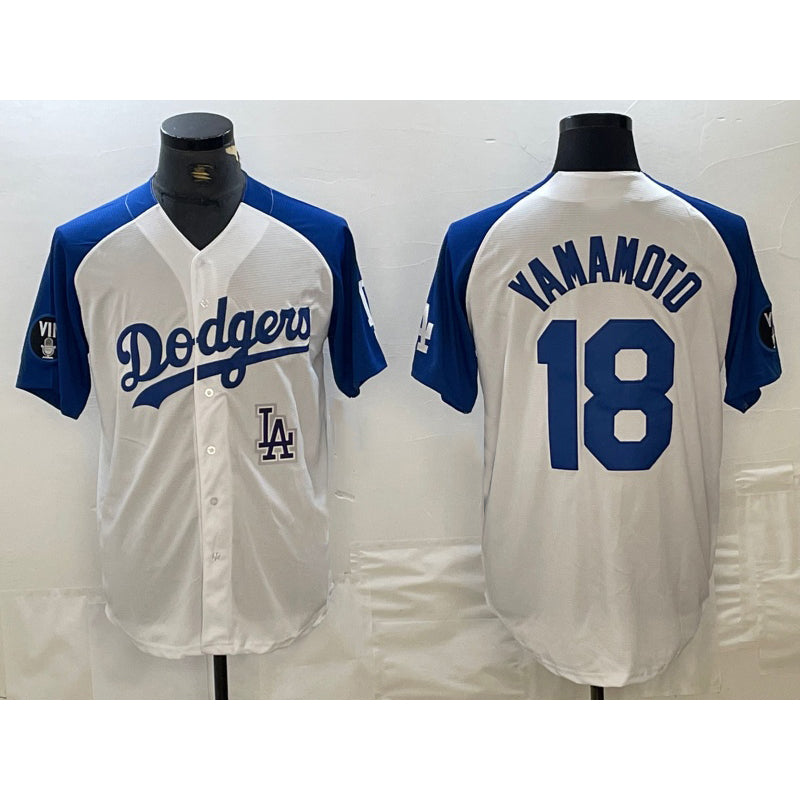 Johnsonshop Los Angeles Dodgers #18 Yoshinobu Yamamoto White Blue  Fashion Stitched Cool Base Limited Jersey 2