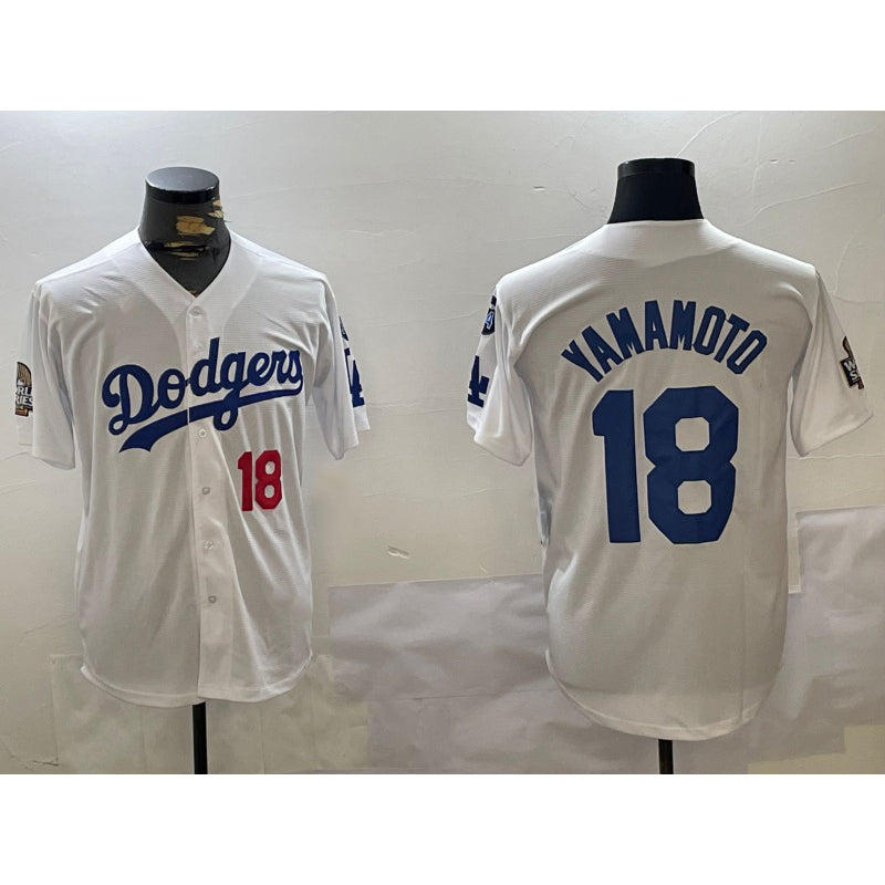 Johnsonshop Los Angeles Dodgers #18 Yoshinobu Yamamoto White  2024 World Series With Fernando Memorial Patch Home Limited Stitched Jerseys