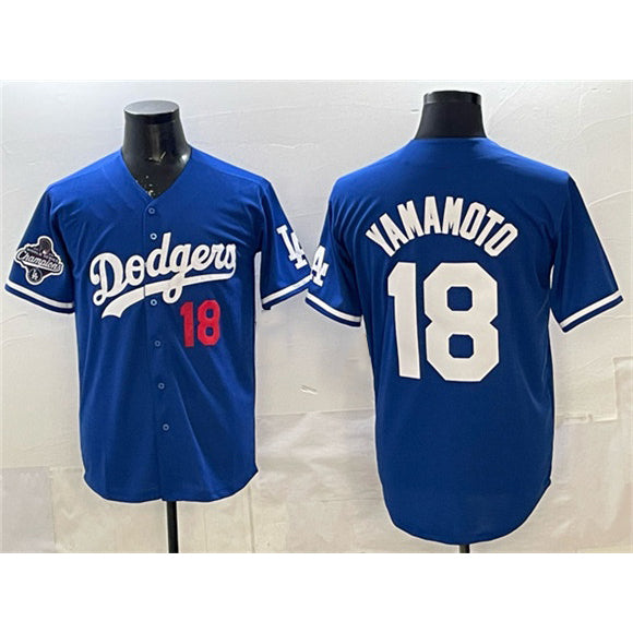 Johnsonshop Los Angeles Dodgers #18 Yoshinobu Yamamoto Royal  2025 World Series Champions Patch Limited Stitched Jersey
