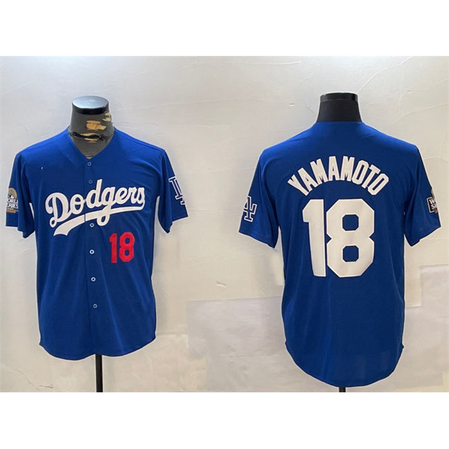 Johnsonshop Los Angeles Dodgers #18 Yoshinobu Yamamoto Royal  2024 World Series Patch Alternate Limited Stitched Jersey