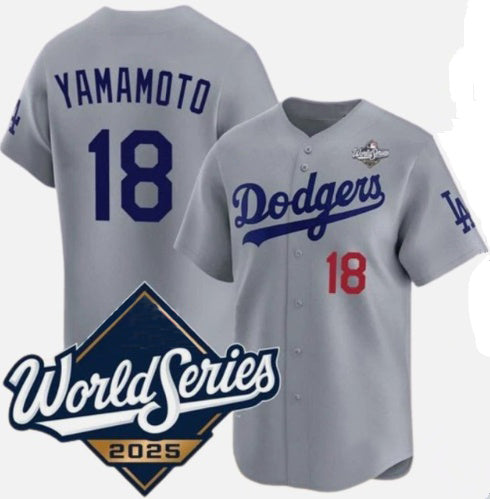 Johnsonshop Los Angeles Dodgers #18 Yoshinobu Yamamoto Gray  2025 World Series Limited Stitched Jersey