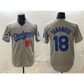 Johnsonshop Los Angeles Dodgers #18 Yoshinobu Yamamoto Gray  2025 World Series Champions Patch Stitched Jersey