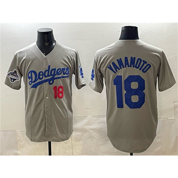 Johnsonshop Los Angeles Dodgers #18 Yoshinobu Yamamoto Gray  2025 World Series Champions Patch Stitched Jersey