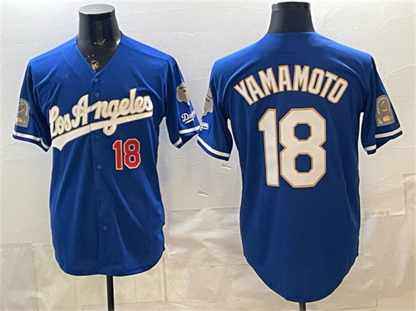 Johnsonshop Los Angeles Dodgers #18 Yoshinobu Yamamoto Royal  2026 Gold Collection 9x & B2B Champs Patch Stitched Jersey