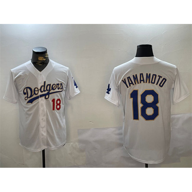 Johnsonshop Los Angeles Dodgers #18 Yoshinobu Yamamoto White Gold  Home Limited Stitched Jerseys