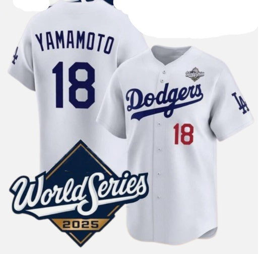 Johnsonshop Los Angeles Dodgers #18 Yoshinobu Yamamoto White  2025 World Series Home Limited Stitched Jersey