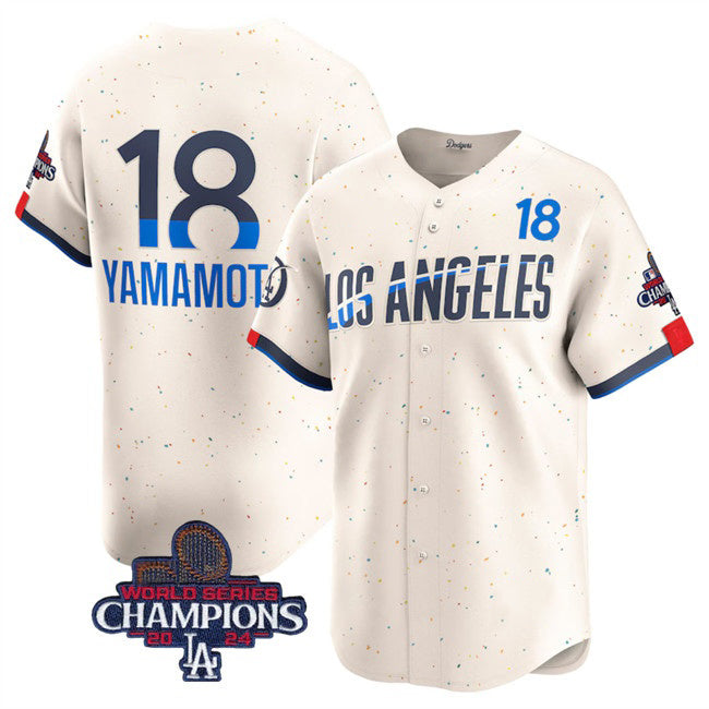Johnsonshop Los Angeles Dodgers #18 Yoshinobu Yamamoto Cream  2024 World Series Champions City Connect Limited Stitched Jersey