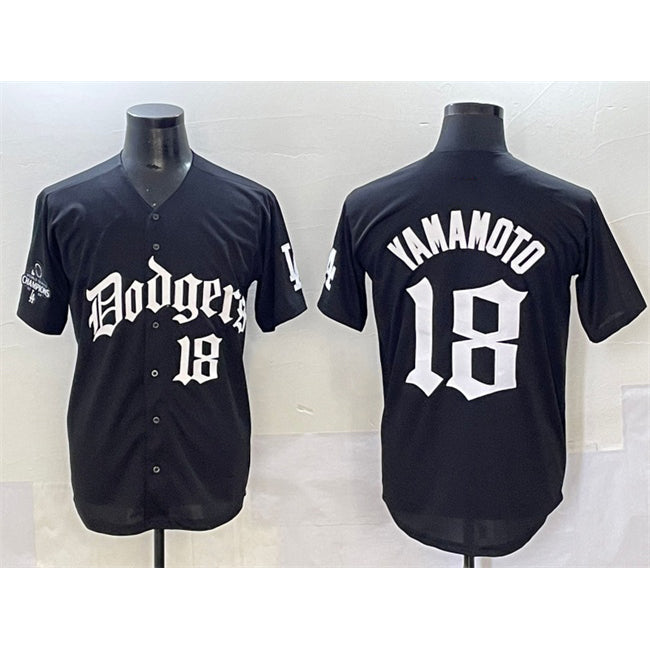 Johnsonshop Los Angeles Dodgers #18 Yoshinobu Yamamoto Black  2025 LA Gothic Style With 2024 World Series Champions Patch Vapor Premier Limited Stitched Jersey