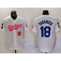 Johnsonshop Los Angeles Dodgers #18 Yoshinobu Yamamoto White Pink  Vin & Kobe Patch Stitched Jerseys