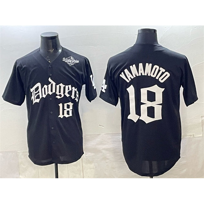Johnsonshop Los Angeles Dodgers #18 Yoshinobu Yamamoto Black  2025 LA Gothic Style With 2025 World Series Patch Vapor Premier Limited Stitched Jersey
