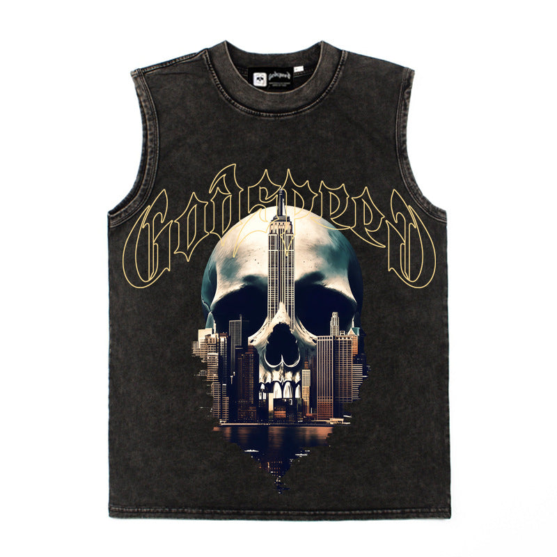 2026 American Retro Building Skull Print Summer Loose Casual Unisex Trendy Hip Hop Vest T-shirt