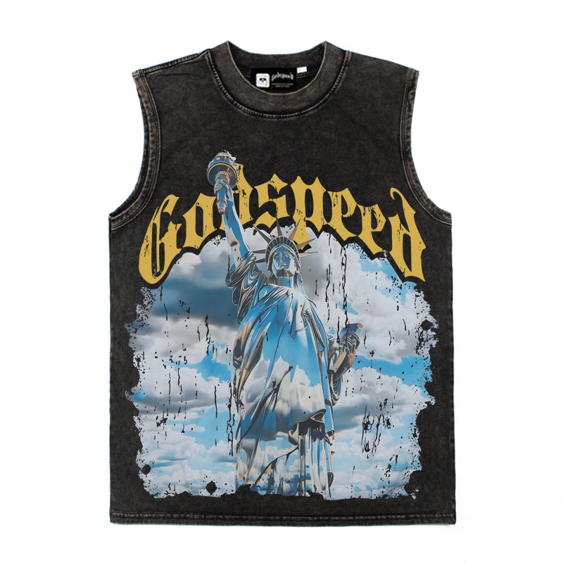 2026 American Street Hip Hop Statue of Liberty Print Vest T-shirt