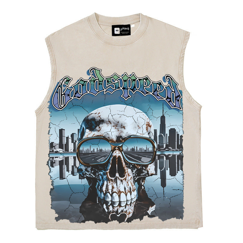 2026 American high street retro washed distressed skull print T-shirt