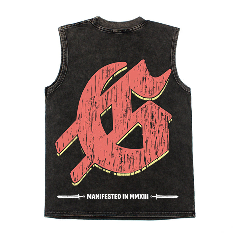 2026 American-style dog head print washed distressed T-shirt
