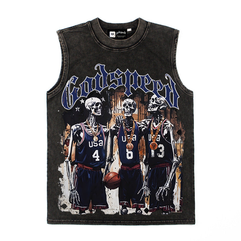 2026 American High Street Washed Distressed Skull Basketball T-shirt
