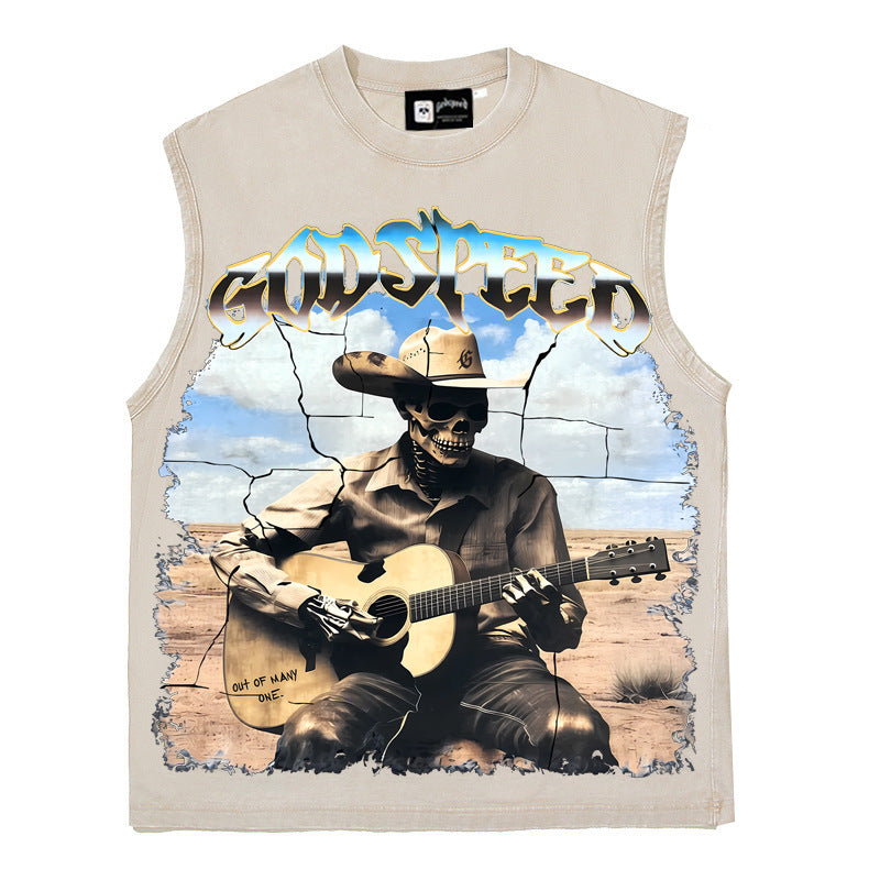 2026 American Retro Skull Guitar Man Print Washed T-shirt