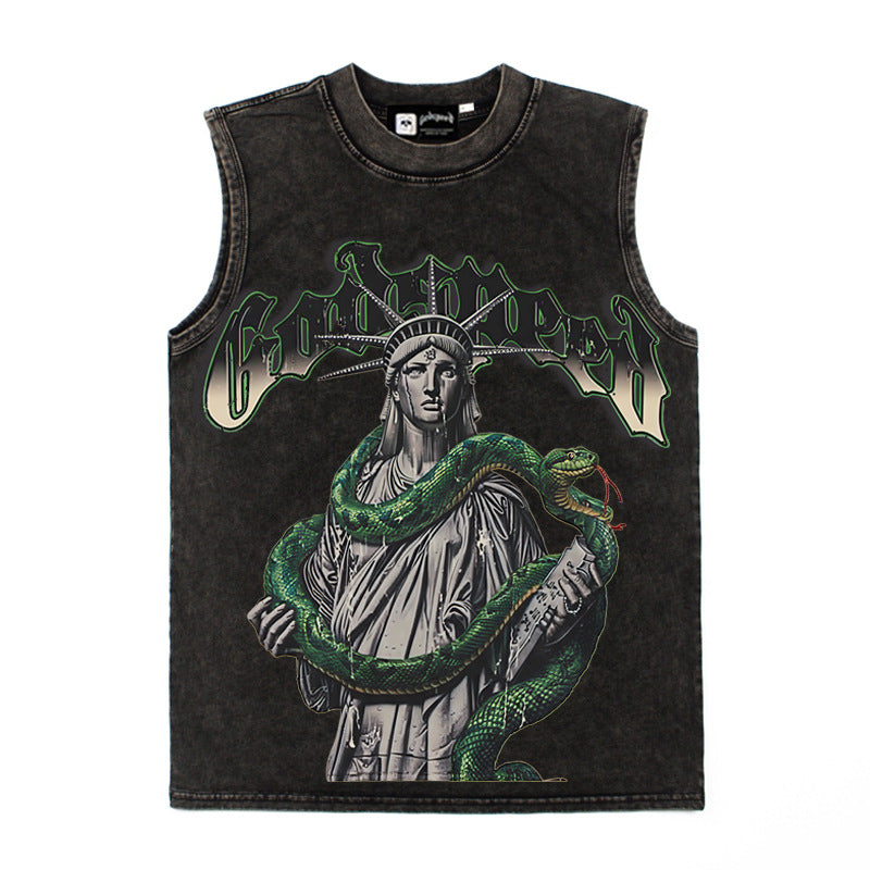 2026 American Retro Python Statue of Liberty Print Washed T-shirt