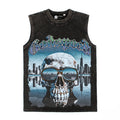 2026 American high street retro washed distressed skull print T-shirt