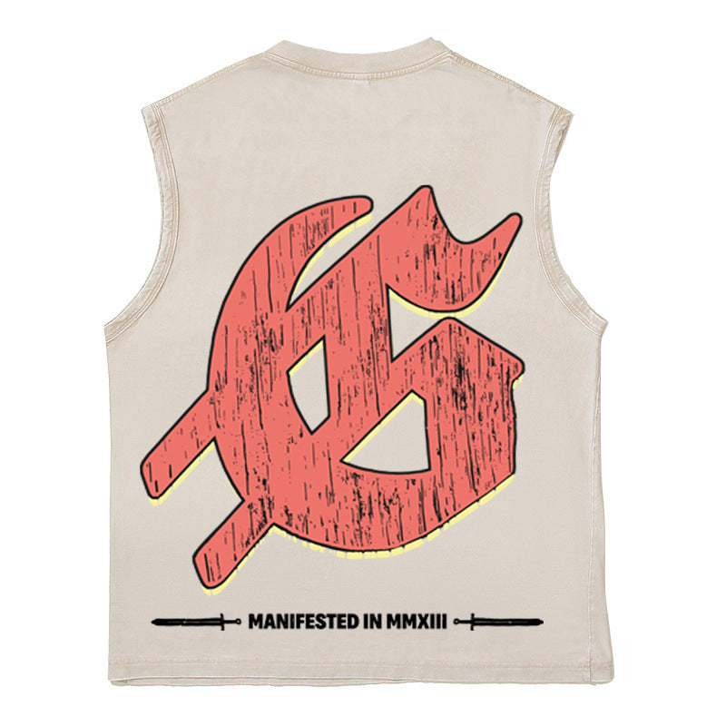 2026 American-style dog head print washed distressed T-shirt