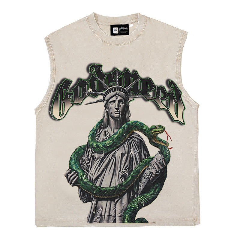 2026 American Retro Python Statue of Liberty Print Washed T-shirt