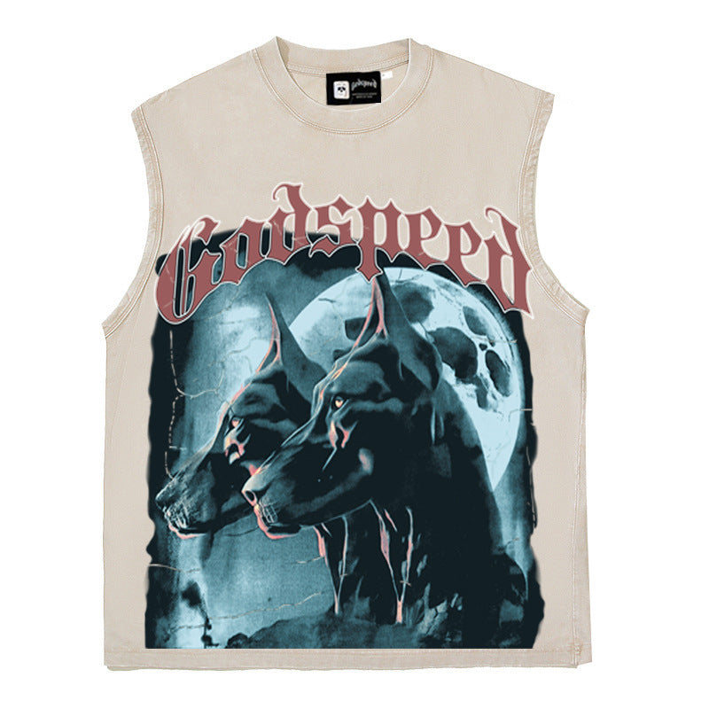 2026 American-style dog head print washed distressed T-shirt