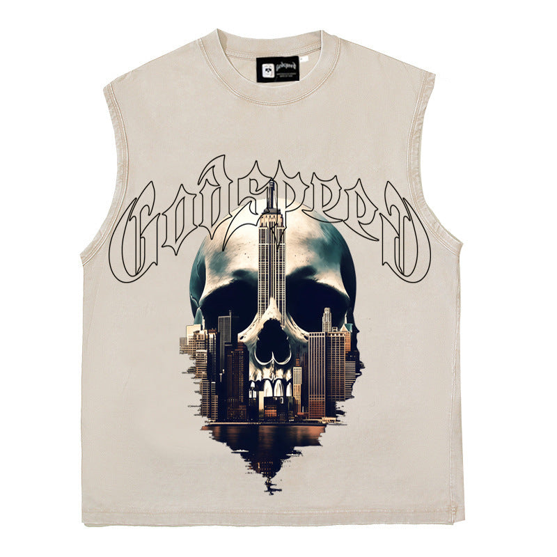 2026 American Retro Building Skull Print Summer Loose Casual Unisex Trendy Hip Hop Vest T-shirt