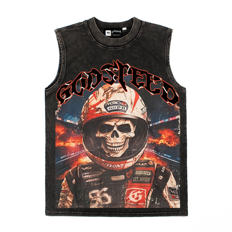 2026 American Retro Skull Racer Street Style Distressed Hip T-shirt