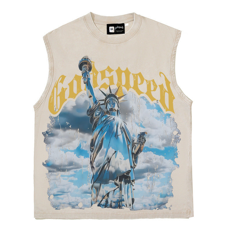 2026 American Street Hip Hop Statue of Liberty Print Vest T-shirt