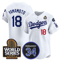 Johnsonshop Los Angeles Dodgers #18 Yoshinobu Yamamoto White  2024 World Series With Fernando Memorial Patch Limited Stitched Jersey