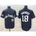 Johnsonshop Los Angeles Dodgers #18 Yoshinobu Yamamoto Black  LA Gothic Style With 2025 World Series Champions Patch Limited Stitched Jersey