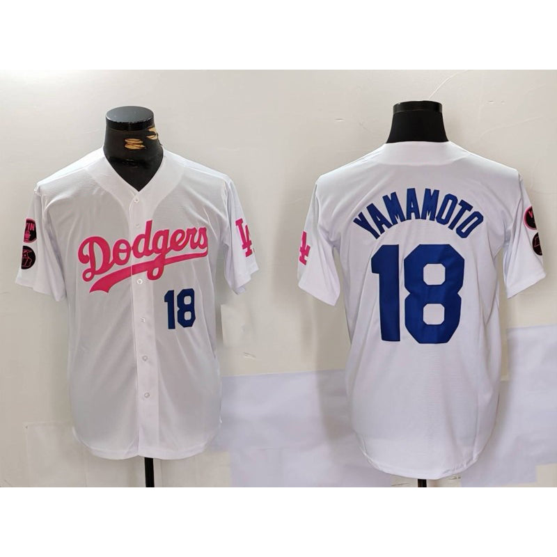 Johnsonshop Los Angeles Dodgers #18 Yoshinobu Yamamoto White Pink  Vin & Kobe Patch Stitched Jersey 2