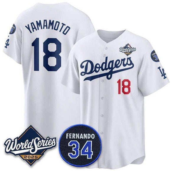 Johnsonshop Los Angeles Dodgers #18 Yoshinobu Yamamoto White  2025 World Series With No. 34 Patch Limited Stitched Jersey