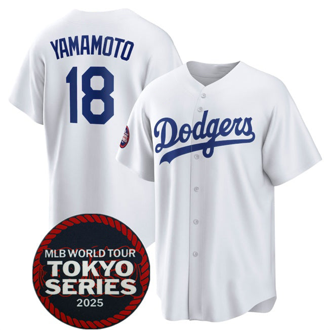 Johnsonshop Los Angeles Dodgers #18 Yoshinobu Yamamoto White  2025 World Tour Tokyo Series Home Stitched Jersey