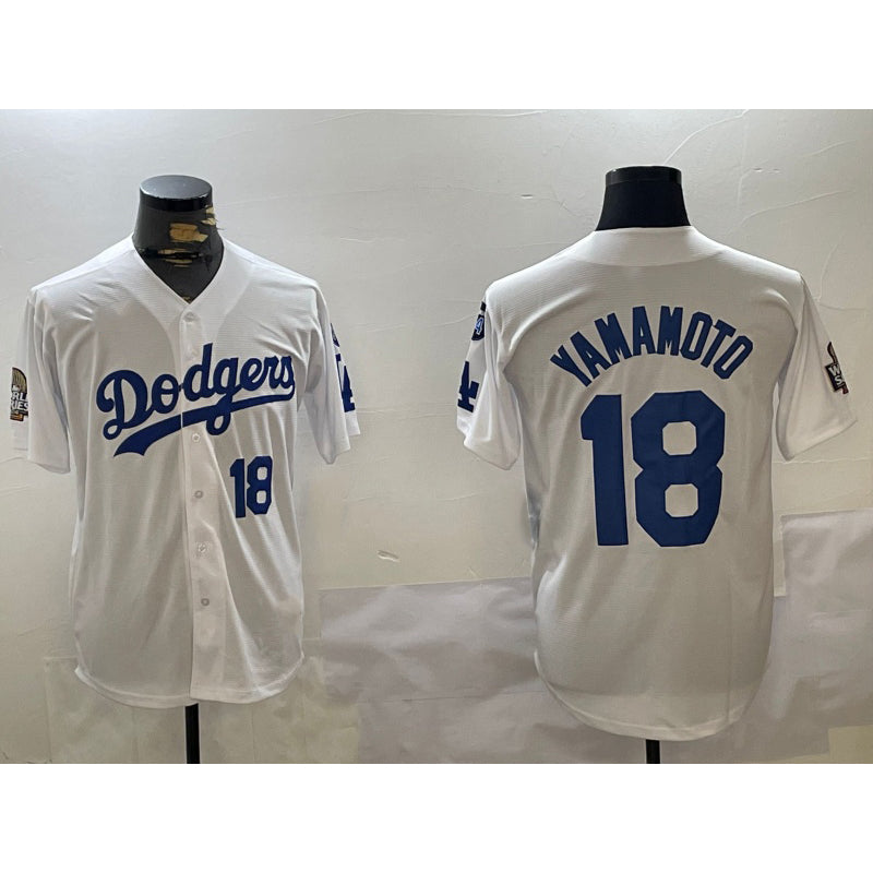 Johnsonshop Los Angeles Dodgers #18 Yoshinobu Yamamoto White  2024 World Series With Fernando Memorial Patch Home Limited Stitched Jersey 2