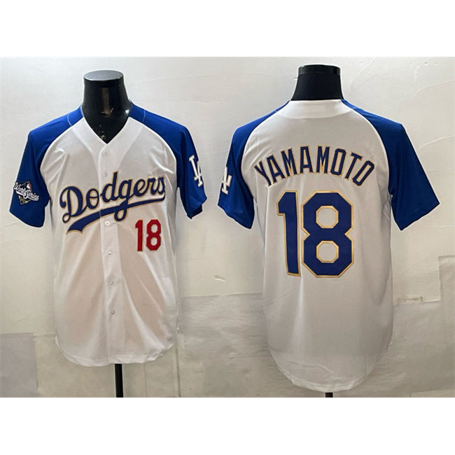 Johnsonshop Los Angeles Dodgers #18 Yoshinobu Yamamoto White Royal  2025 World Series Patch Limited Stitched Jersey