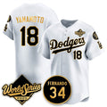 Johnsonshop Los Angeles Dodgers #18 Yoshinobu Yamamoto White Gold  2025 World Series With No.34 Patch Limited Stitched Jersey