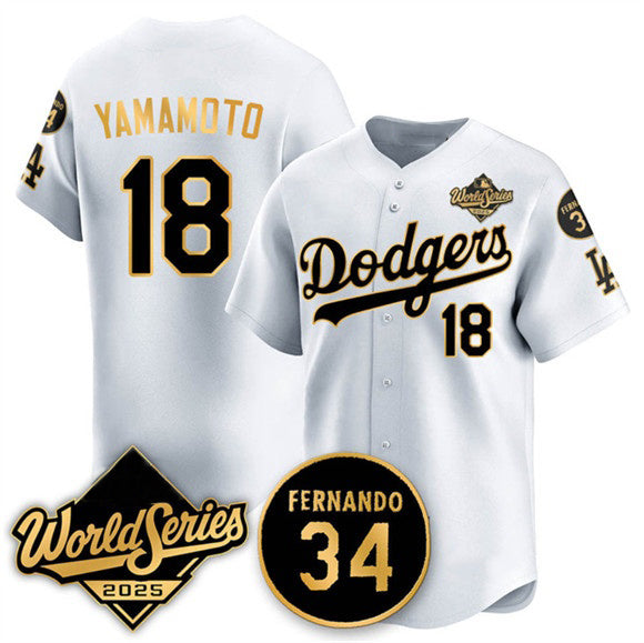 Johnsonshop Los Angeles Dodgers #18 Yoshinobu Yamamoto White Gold  2025 World Series With No.34 Patch Limited Stitched Jersey