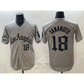Johnsonshop Los Angeles Dodgers #18 Yoshinobu Yamamoto Grey  LA Gothic Style With 2025 World Series Champions Patch Limited Stitched Jersey
