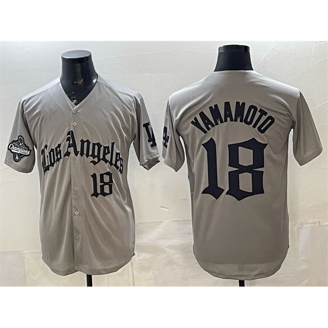 Johnsonshop Los Angeles Dodgers #18 Yoshinobu Yamamoto Grey  LA Gothic Style With 2025 World Series Champions Patch Limited Stitched Jersey
