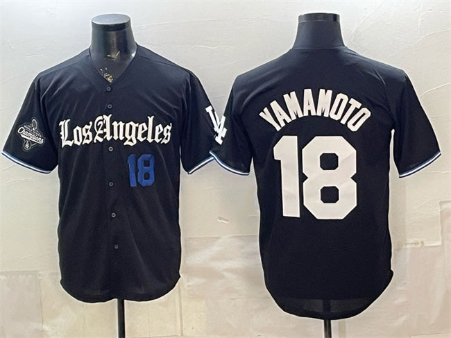 Johnsonshop Los Angeles Dodgers #18 Yoshinobu Yamamoto Black  2025 World Series Champions Patch 'Gothic Edition' Vapor Premier Limited Stitched Jersey
