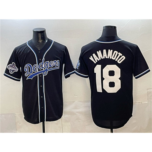 Johnsonshop Los Angeles Dodgers #18 Yoshinobu Yamamoto Black  2025 World Series Champions Patch Cool Base Stitched Jersey