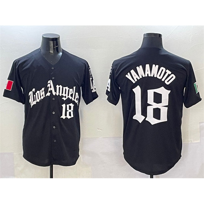 Johnsonshop Los Angeles Dodgers #18 Yoshinobu Yamamoto Black  Mexico 2025 LA Gothic Style With Fernando Patch Vapor Premier Limited Stitched Jersey